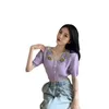Short Sleeve Knit Cardigan Summer Fashion High Waist Slim V-neck Purple White Top T-shirt Female LR1152 210531