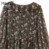 Casual Lady Floral Dresses Long Sleeve Loose Pleated Ruffles Beach Print Mini Chiffon Vestidos 210508