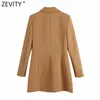 Kobiety Fashion Collar Double Breasted Solid Dopasowane Blazer Płaszcz Biuro Długie Długie Garnitury CHIC Topy CT698 210416