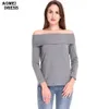 T-shirt en coton sur l'épaule Tops pour femmes Couleur grise T-shirt à manches longues Printemps Hiver Femme Vêtements T-shirts Vêtements 210416