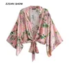 Women Bohemian Flower Crane Print Kimono Shirt Batwing Sleeve V-Neck Lacing Up Bow Tide Cardigan Blouse Femme Blusas 210429