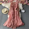 Neploe Elegant Lace Patchwork Hook Flower Chiffon Dress Women High Waist Hip A Line Long Vestidos Spring Long Sleeve Robe Solid Y0726