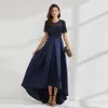 Damen-Partykleider, O-Ausschnitt, kurze Ärmel, Stickerei, Spitze, Patchwork, drapiert, High-Low-Mode-Abschlussballkleid