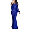 2022 Vårkvinnor Elegant Frödd Ärm Slim Lång Klänning Höst Mode Draped Glänsande Sequin Dress Ladies Sexy V Neck Party Dress Y1204