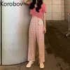 Korobov femmes nouveauté coréen taille haute pantalon été Vintage Plaid pantalon décontracté Harajuku Streetwear rose Joggers 210430