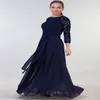 Long Navy Blue Chiffon Mors klänningar med ärmar Modest Lace Prom Klänning Mor av brudklänningen Formell klänning