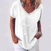Plus Size Women Dandelion Imprimir camisetas Casual Decote em v T-shirt Cor Sólida Manga Curta Tops Verão Elegante Lady Pullover 5xL 210515