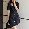 Neploe Denim Dress Summer Women Elegant Vintage A-Line Party Jean Dresses Sexig Lady Chic Hollow Out Single Breasted Vestidos 210422