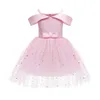 Ours Leader Filles Parti Costume Sans Épaule Mode Enfants Bébé Étoiles Paillettes Princesse Robes Enfants Arc Ceintures Vestidos 210708