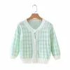 vintage plaid cropped cardigan women autumn winter checkered green short knitted pink sweater. 210427