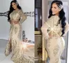 Champagne Mermaid Formal Aftonklänningar 2022 Långärmad Hög Slit Caftan Marocain Broderade Lace Arabiska Promoklök Vestidos De Fiesta