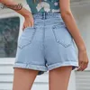 Button Detail Rolled Hem Wide Leg Denim Shorts Women Solid High Waisted Casual Summer Jean Woman 210510