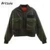 Artsnie Outono Bomber Jaqueta Mulheres Exército Verde Quente Zíper Bolsos Casaco de Inverno Casaco Feminino Parkas Femme Chaqueta Mujer 211112