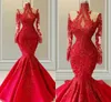 Plus Size Red Mermaid Brautkleider 2022 Illusion Long Sleeves Lace Vestido De Noiva High Neck Formale Brautkleider