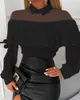 春秋の女性のフリル裾のシアーメッシュシャツ新しい女性カジュアル長袖ブラウスオフィスレディースエレガントな衣装トップ210415
