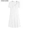 Sommar linne kvadrat krage kort ärm midi klänning vita kvinnor knappar smal midja swing långa klänningar pullover vestido 210429