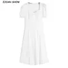 Abito longuette manica corta in lino estivo con colletto quadrato bianco Bottoni donna vita alta Swing Abiti lunghi Pullover Vestido 210429