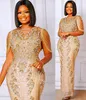 2021 Plus Size Arabo Aso Aso EBI Gold Luxurious Sequined Prom Dresses Beaded Crystals Sheer Neck Sera Form Form Party Second Abiti Abiti ZJ554