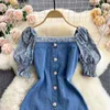 FABPOP Summer Short Puff Sleeve Square Collar Buttons High Waist Blue Denim Dress Women Streetwear GB413 210709