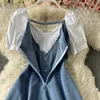 Abito estivo in denim dolce per le donne Casual Bowknot Patchwork monopetto con maniche a tirante Sexy Backless Mini Robe Femme 210514