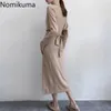 Nomikuma Slim Waist Dress Women Vintage O Neck Long Sleeve Mid Calf Knitted Vestido Femme Solid Color Split Casual Dresses 3d626 210514