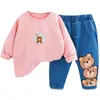 2021 frühling Herbst Baby Mädchen Jungen Kleidung Kind Kleidung Sets Streifen Bär T-shirt Jeans Kleinkind Kleinkind Kinder Casual Kostüm y220310