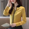 Casual V Neck Pullover Chiffon Camisa Mulheres elegante Outono Manga Longa Sólida Tops Chemisier Femme 7201 50 210521