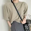 Ezgaga Argyle Vintage Twist Sweater Kvinnor Koreanskt Chic Höst O-Neck Solid Loose Three Quarter Lantern Sleeve Knitwear Elegant 210430