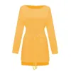 スラッシュネックドレスレースアップ包帯ドレス秋の女性スウェットシャツパッチワーク長袖プラスサイズミニルーズパーカーカジュアル