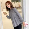 Design women high neck ruffles plaid pleated shirt button up long sleeve peplum blouse ladies summer casual tops blusas red blue