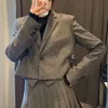 Vintage femmes gris Plaid vestes mode bureau dames col cranté Blazers Streetwear femme Chic manteaux courts 210527