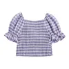 Femmes Summer Purple Plaid Sweet Blouses et chemises pour dames coréenne poitrine croix rétro col carré à manches courtes Ins Tops 210417