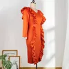 Casual Dresses Office For Ladies 2021 Formal Orange Ruffles High Waist Bodycon Mid Calf Elegant Work Business Pencil Dress Midi OL