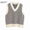 ZEVITY Yeni Kadın Moda V Boyun Houndsthooth Ekose Patchwork Yelek Ceket Ofis Bayanlar Kolsuz Casual Ince Yelek Üstleri S378 210419