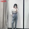 Tangada 패션 여성 우아한 회색 정장 바지 바지 슬래시 주머니 지퍼 오피스 레이디 바지 Pantalon 6A59 210609