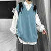 Мужчины свитер жилет осенний сплошной цвет вязаный мужской корейский стиль Trend свободно V-образным вырезом без рукавов в белкезный колледж 210812