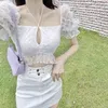Women White Solid Summer Cropped Top Puff Sleeve Tie Front Vintage Blouse Female Mesh Shirt Sexy Backless Femme Blusas 210521