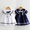 Girl's Dresses 2021 Summer 2 3 4 6 8 10 Years Children Cute Short Sleeve Botton Bow Sailor Collar Patchwork Little Kids Navy Blue Girls Dres