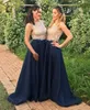 2021 New Gold and Blue Bridesmaid Dresses Navy Blue Sheer Neck Major Beaded Floor Length Wedding Guest Party Prom Evening Gowns