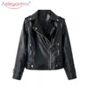 AELEGANTMIS Marca Faux Couro Casacos Mulheres Slim Curto Pu Feminino Outerwear Cool Rivet Moto Biker 210607