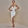 Chegada ocstrada elegante sexy maxi longo vestido de bandagem mulheres branco bodycon noite clube noite festa 210527