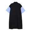 [EAM]女性黒ストライプスプライスビッグサイズシャツラパル半袖ラペル半袖フィットフィットファッションスプリングサマー1DD7750 210512