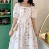 Französisch Vintage Dres Elegante Puff Sleeve Design Floral Weibliche Koreanische frauen Sommer Sommerkleider 210604