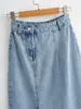 Vintage Blue Denim Kjolar Hög midja Sexig Split Straight Midi Woman Front Button Streetwear 210421