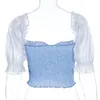 sheer puff sleeve tulle blouse women vintage elastic blue white transparent crop tops chic ruffle blouse femininas 210415