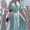 Korejpaa Women Dress Summer Korean Fashion Chic Elegant Lapel Single-row Buckle Waist Belt Short-sleeve Shirt Dresses 210526