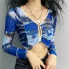 Yedinas Kravat Boya Mavi Kırpma Üst Kadın Örgü T Gömlek Uzun Kollu Kırpılmış Hırka V Yaka Tasarımcı Ince T-Shirt Y2K Estetik Tops 210527