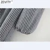 Zevity Womenビンテージスクエアカラーチェック柄プリントスリム弾性ミニドレス女性3四半期スリーブフリルVestido DS4994 210603