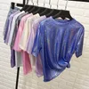 Style rétro d'été élégant femme de soie brillante tops brillant lâche t-shirt à manches courtes sexy club esthétique harajuku femmes t-shirt 210522