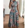 Women Summer Casual Short Sleeve Long Dress Boho Floral Print Slim Party Dress Turtleneck Sashes Dresses Vestidos Plus Size 5XL X0521